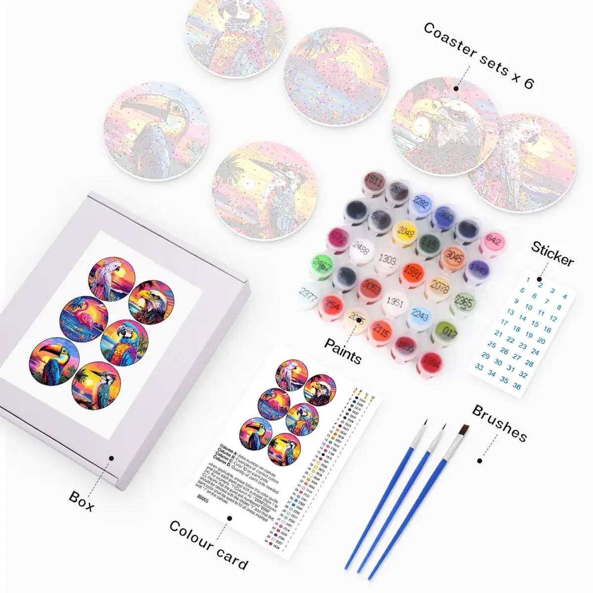 Kleurrijke Vogels - Bieronderzetter DIY Schilderen op Nummer 1 - Paint by Numbers Colorful Birds - Beer Coaster DIY Paint by Numbers