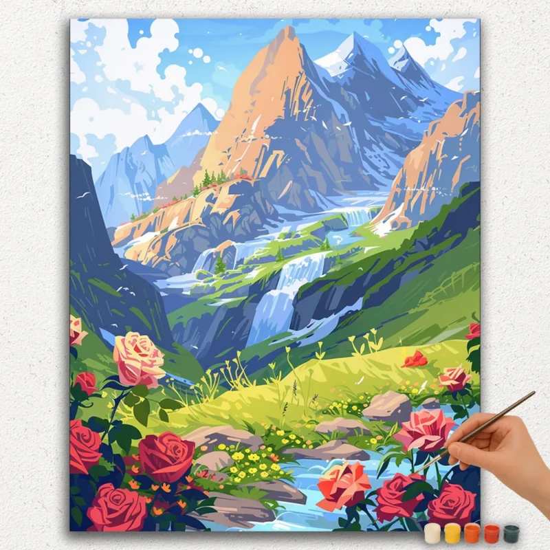 Red Flowers and Mountains