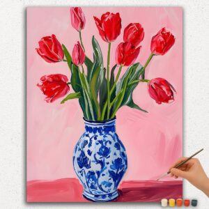 Red Tulips in Blue Vase