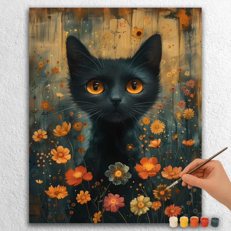 Black Cat and Flowers
