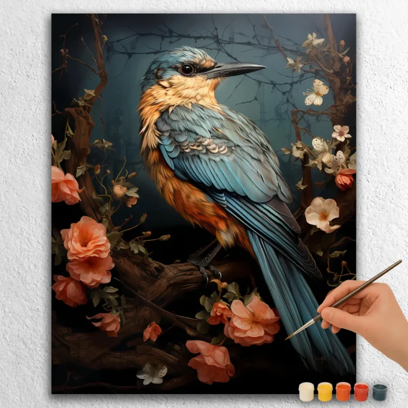 Blue Sparrow and Flowers