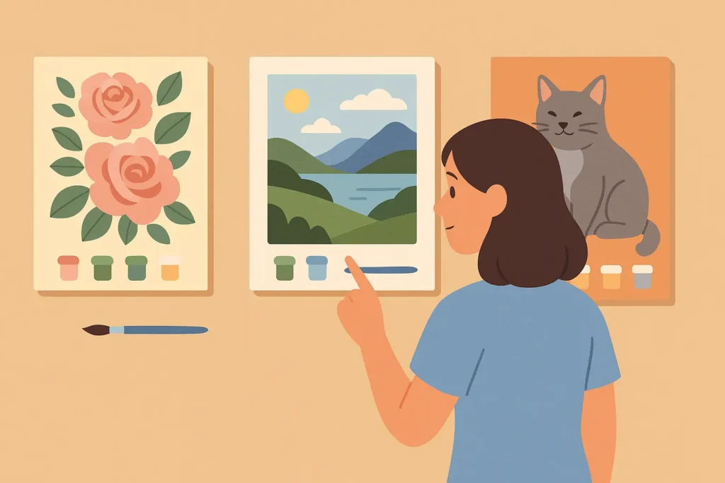 A girl selecting a paint by numbers kit