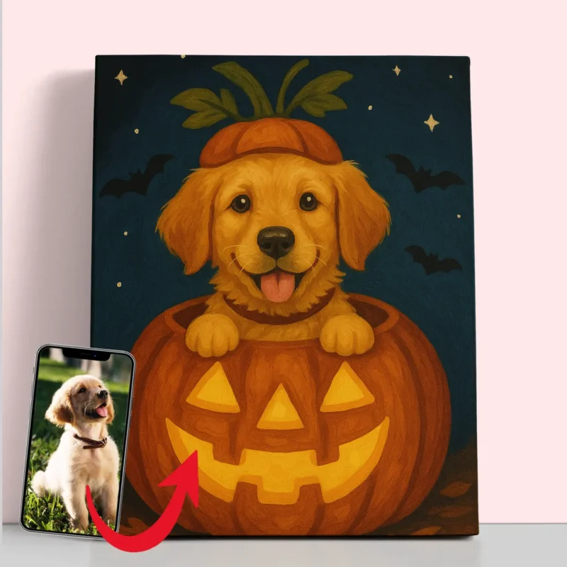 Cute Dog in pumpkin - Custom halloween pet portrait