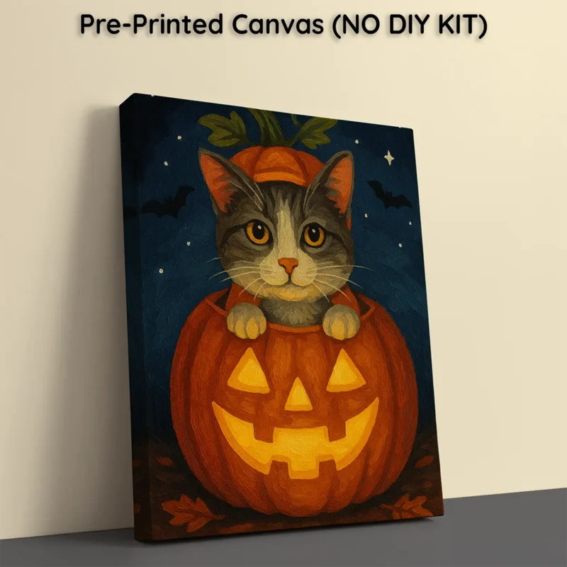 Black cat in pumpkin - Custom halloween pet portrait